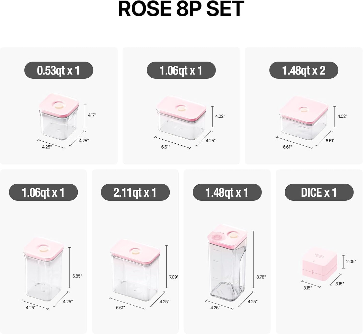 Premium Airtight Food Storage Containers ROSE 8P/SET, 6pcs Container, 1pcs Water Pitcher and Vacuum Sealer. Patented Double Silicone Lining, 100% Leak Proof, BPA-FREE