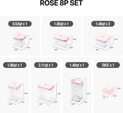 Premium Airtight Food Storage Containers ROSE 8P/SET, 6pcs Container, 1pcs Water Pitcher and Vacuum Sealer. Patented Double Silicone Lining, 100% Leak Proof, BPA-FREE
