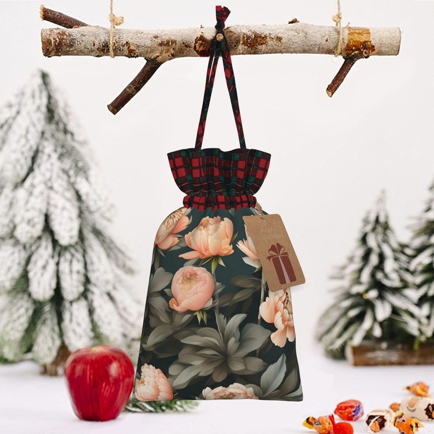 Peach Peony Charming Drawstring Christmas Gift Bags,Reusable Present Pouches For All Occasions