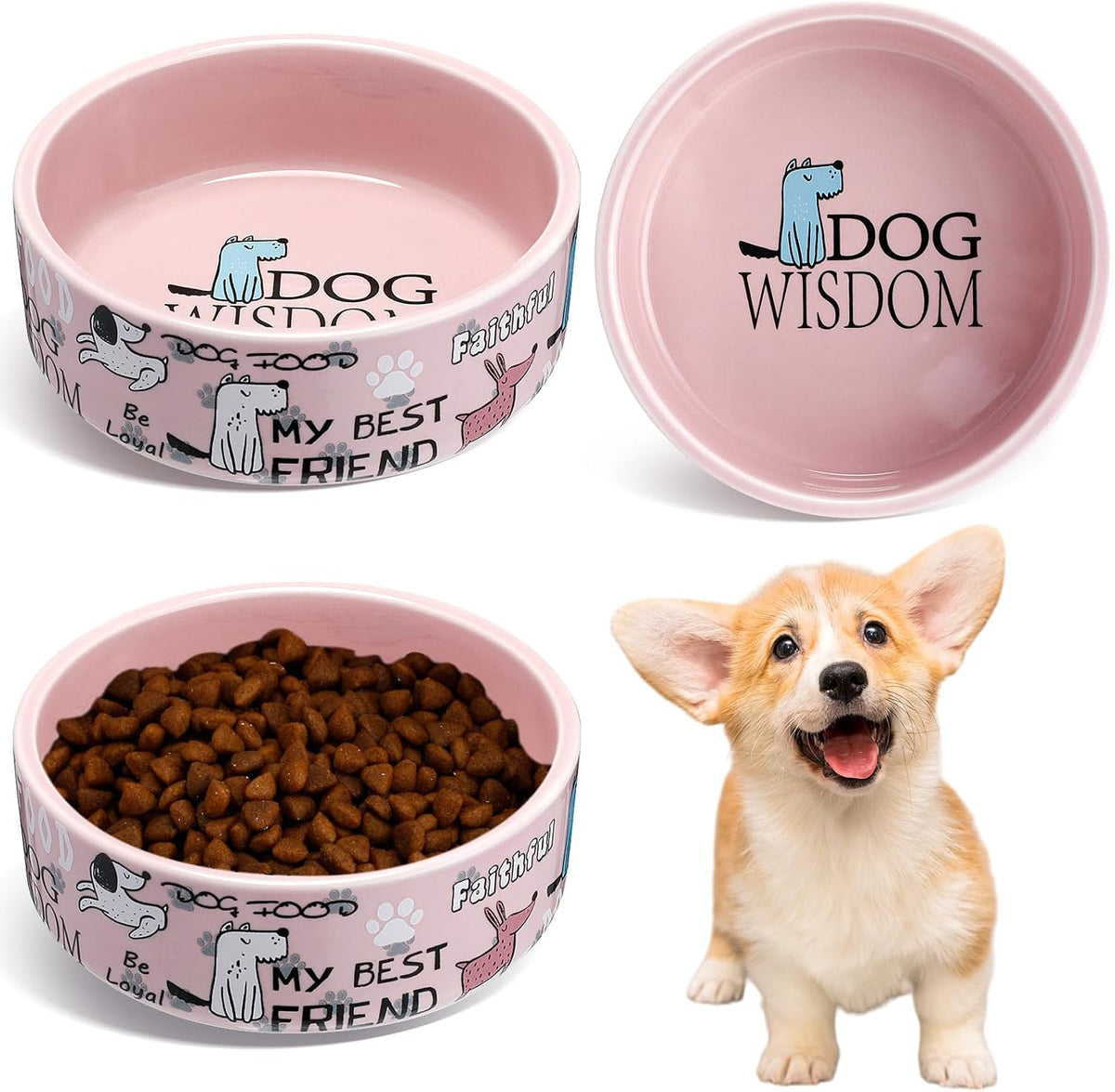 2 Pcs 5 Inch Ceramic Dog Bowls Dishes for Small Dogs, Pink