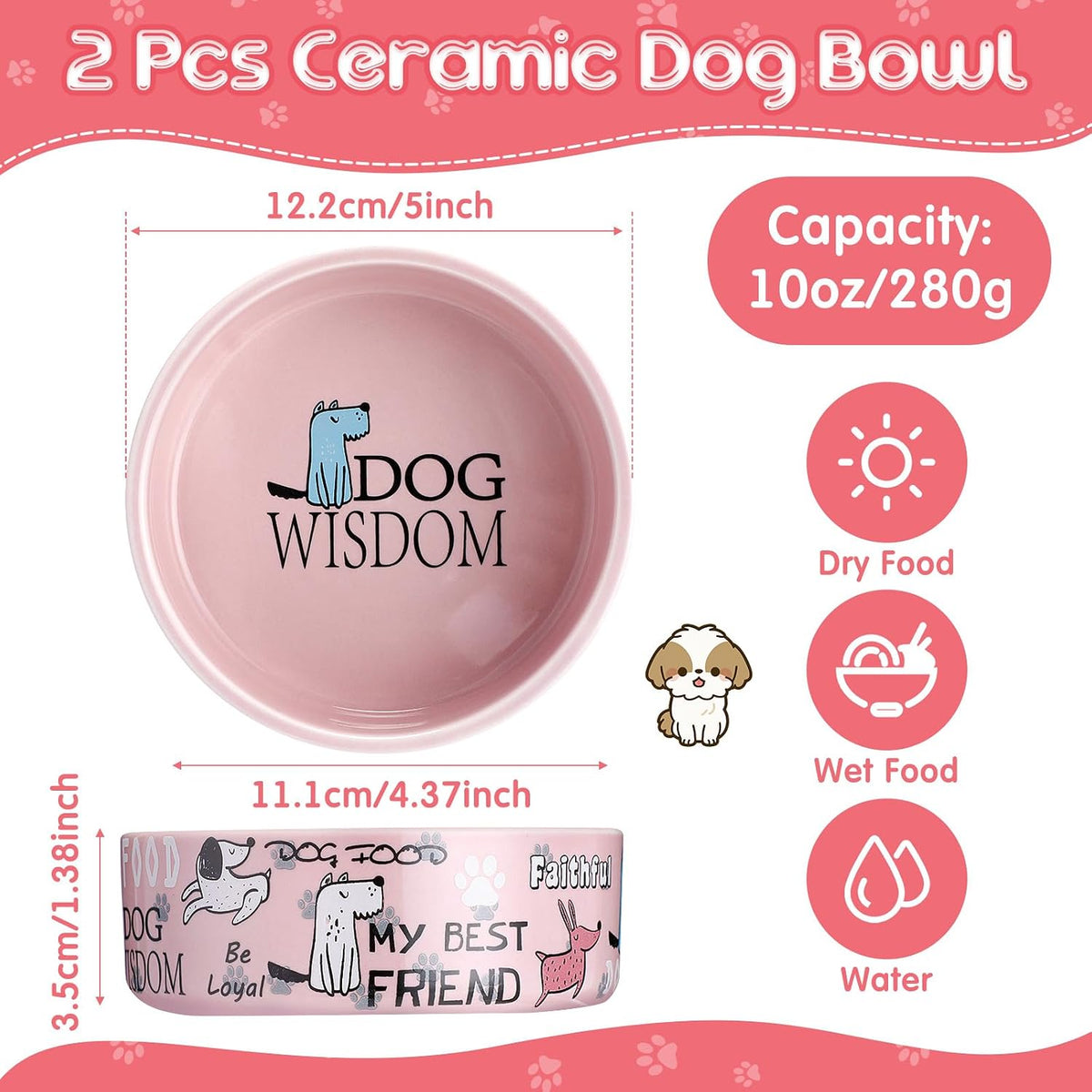 2 Pcs 5 Inch Ceramic Dog Bowls Dishes for Small Dogs, Pink