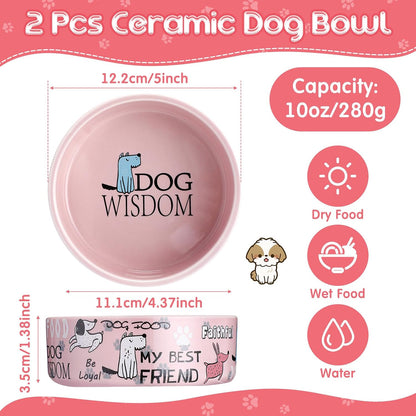 2 Pcs 5 Inch Ceramic Dog Bowls Dishes for Small Dogs, Pink