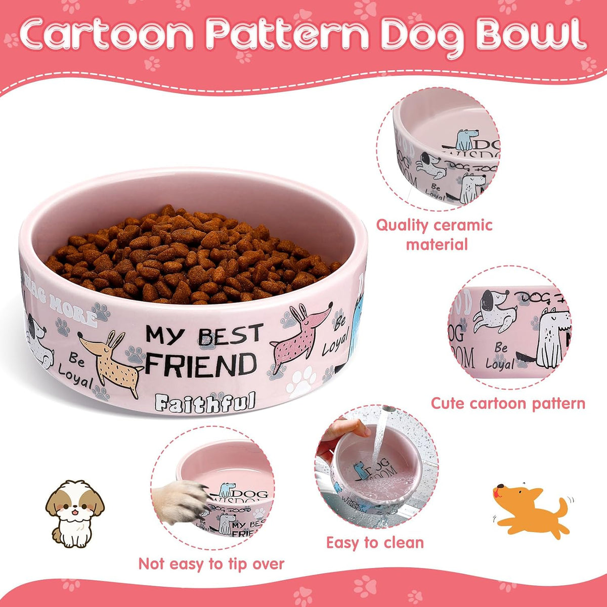 2 Pcs 5 Inch Ceramic Dog Bowls Dishes for Small Dogs, Pink