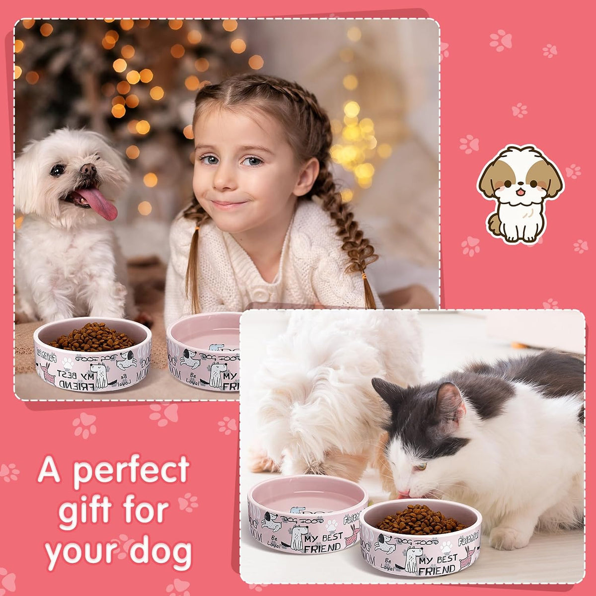 2 Pcs 5 Inch Ceramic Dog Bowls Dishes for Small Dogs, Pink