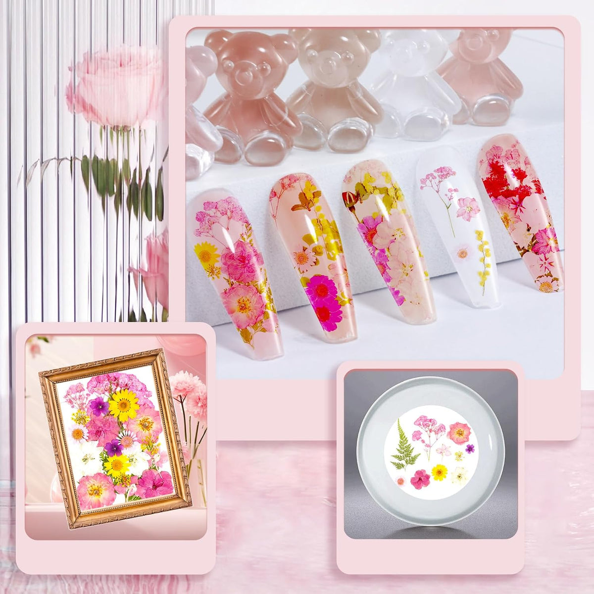 Pressed Flowers Bulk Dried Flowers for Crafts,Real Natural Pressed Flowers Dry Leaves Kit for Crafts Resin Mold Jewelry Candle Soap Making Scrapbooking Nails DIY（Pink Style）
