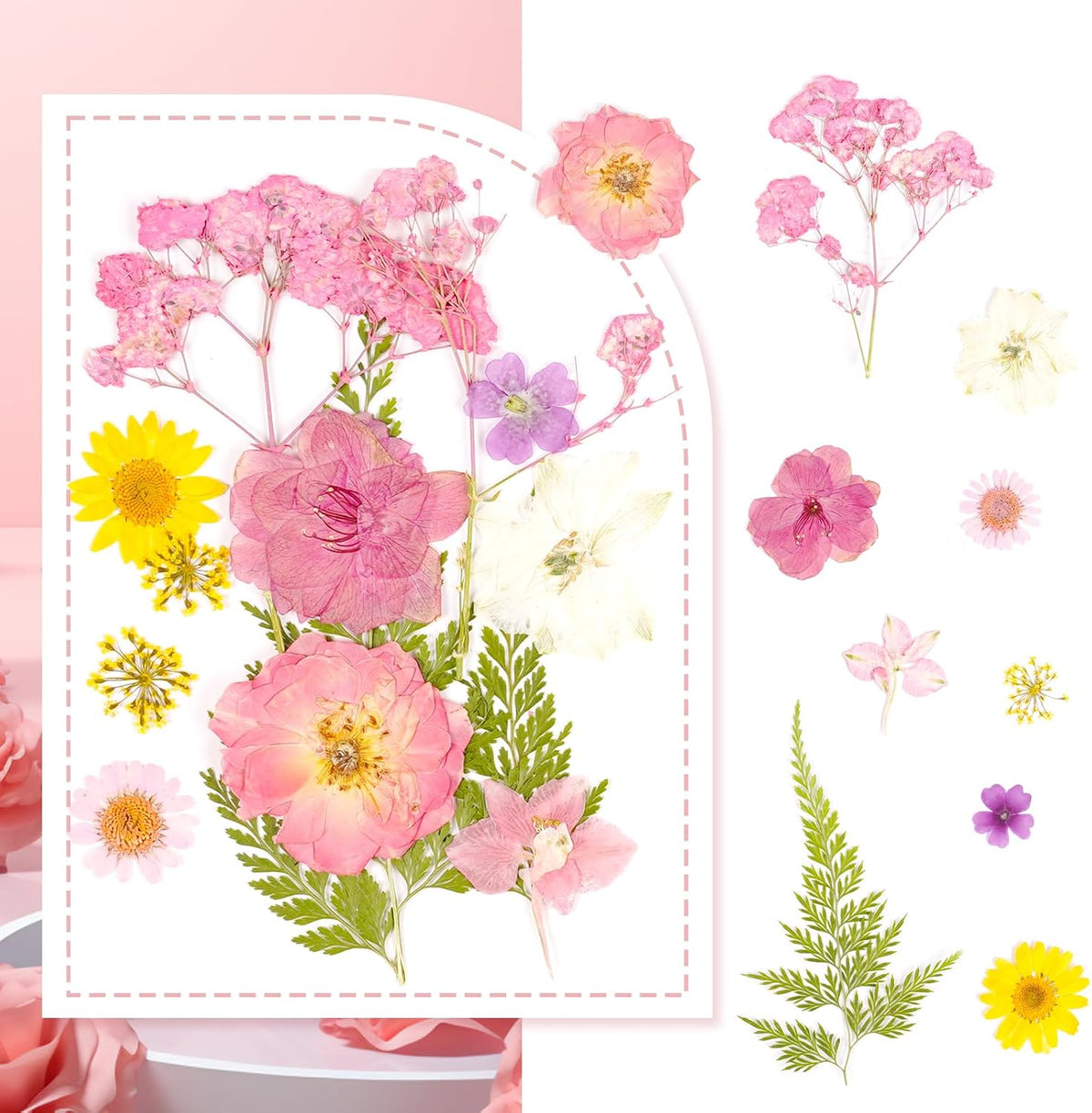 Pressed Flowers Bulk Dried Flowers for Crafts,Real Natural Pressed Flowers Dry Leaves Kit for Crafts Resin Mold Jewelry Candle Soap Making Scrapbooking Nails DIY（Pink Style）