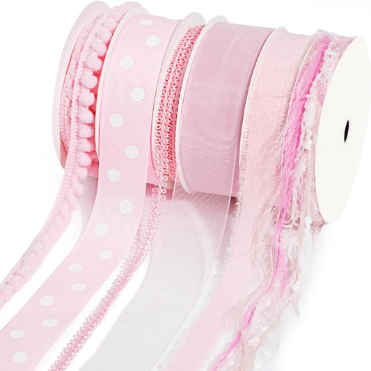 Pink Ribbons for Crafts 6 Rolls 30 Yards Total Thin Pink Ribbon for Baby Shower Sewing Gift Wrapping Clothing Trim Party and Home Decor