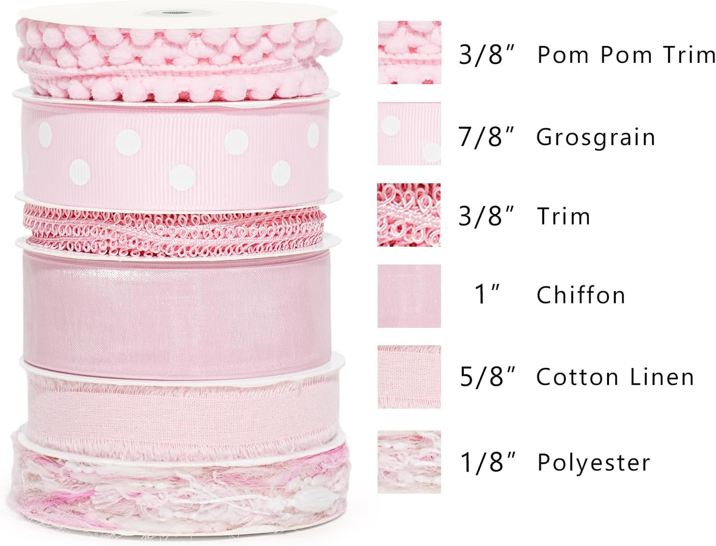 Pink Ribbons for Crafts 6 Rolls 30 Yards Total Thin Pink Ribbon for Baby Shower Sewing Gift Wrapping Clothing Trim Party and Home Decor