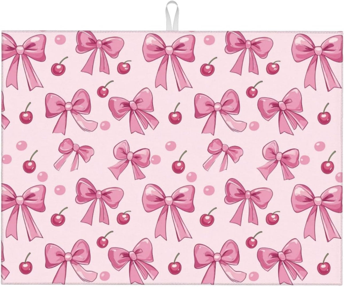 Dish Drying Mat for Kitchen Pink Bow Pattern Cherry Counter Absorbent Dishes Drainer Microfiber Large 18x24 Inch