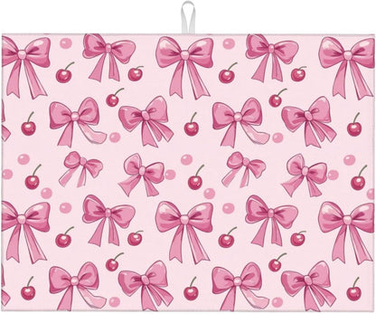 Dish Drying Mat for Kitchen Pink Bow Pattern Cherry Counter Absorbent Dishes Drainer Microfiber Large 18x24 Inch