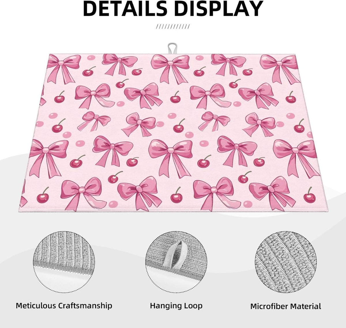 Dish Drying Mat for Kitchen Pink Bow Pattern Cherry Counter Absorbent Dishes Drainer Microfiber Large 18x24 Inch