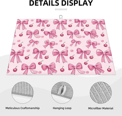 Dish Drying Mat for Kitchen Pink Bow Pattern Cherry Counter Absorbent Dishes Drainer Microfiber Large 18x24 Inch