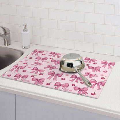 Dish Drying Mat for Kitchen Pink Bow Pattern Cherry Counter Absorbent Dishes Drainer Microfiber Large 18x24 Inch