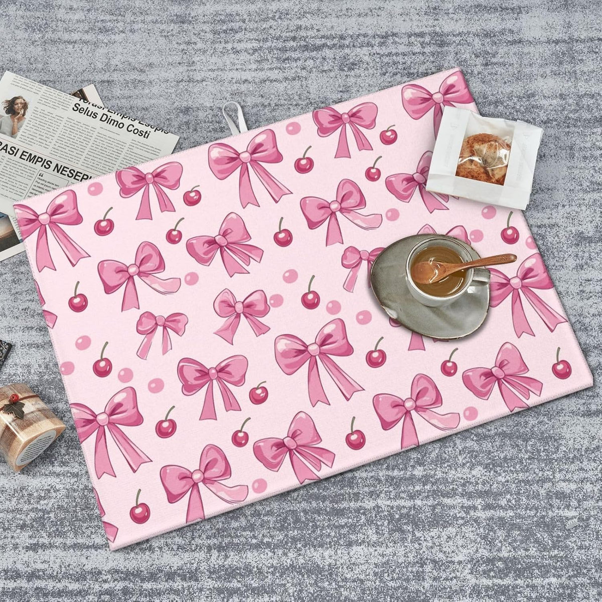 Dish Drying Mat for Kitchen Pink Bow Pattern Cherry Counter Absorbent Dishes Drainer Microfiber Large 18x24 Inch