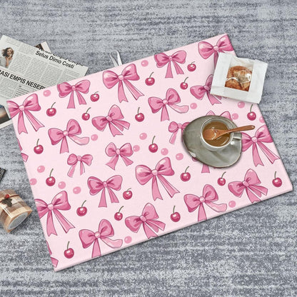 Dish Drying Mat for Kitchen Pink Bow Pattern Cherry Counter Absorbent Dishes Drainer Microfiber Large 18x24 Inch
