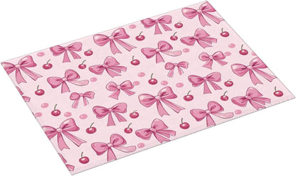Dish Drying Mat for Kitchen Pink Bow Pattern Cherry Counter Absorbent Dishes Drainer Microfiber Large 18x24 Inch