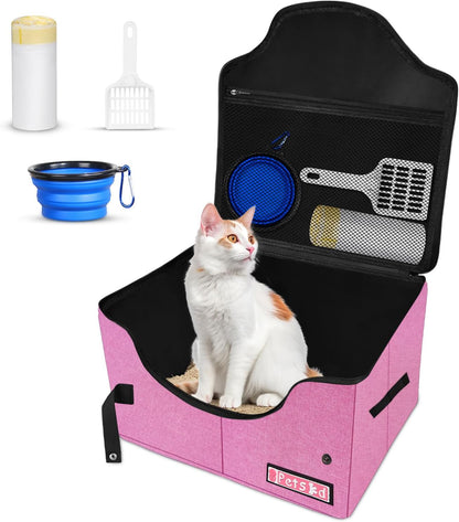 High Sides Portable Travel Litter Box for Cats with Lid, Pink
