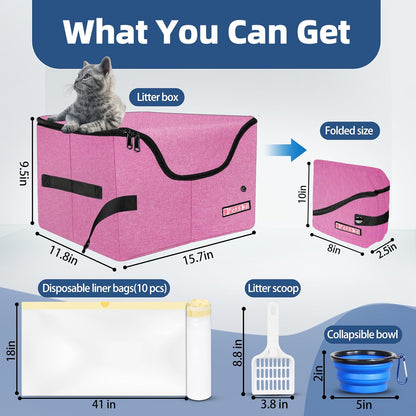 High Sides Portable Travel Litter Box for Cats with Lid, Pink