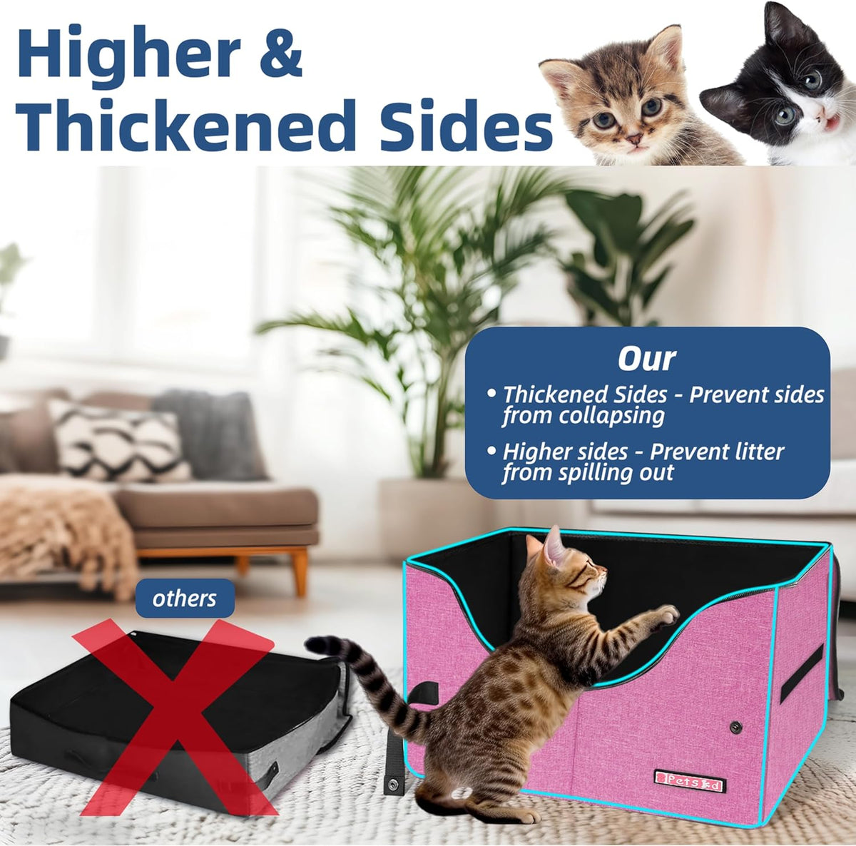 High Sides Portable Travel Litter Box for Cats with Lid, Pink