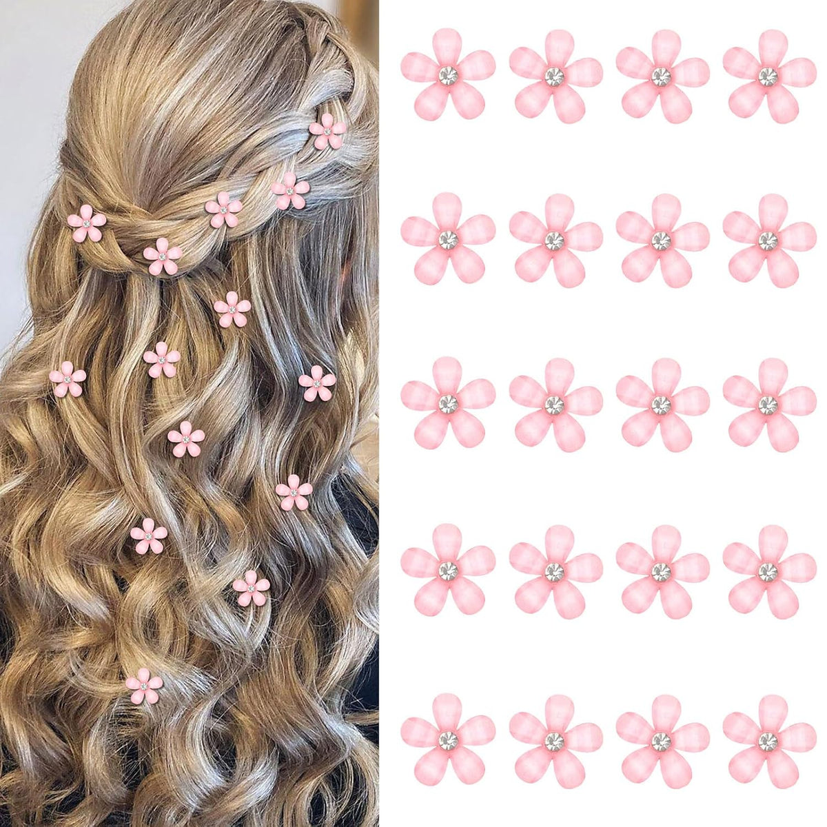 Mini Pink Flower Hair Accessories - 20Pcs Rhinestone Decorative Barrettes, Pins and Clips for Girls, Women, Weddings and Bridal Occasions