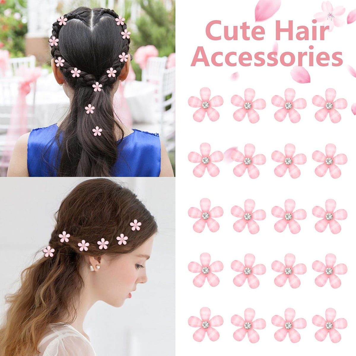 Mini Pink Flower Hair Accessories - 20Pcs Rhinestone Decorative Barrettes, Pins and Clips for Girls, Women, Weddings and Bridal Occasions