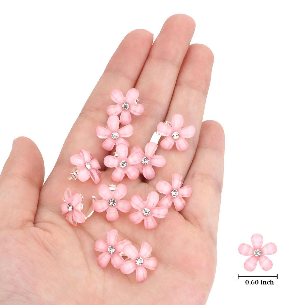 Mini Pink Flower Hair Accessories - 20Pcs Rhinestone Decorative Barrettes, Pins and Clips for Girls, Women, Weddings and Bridal Occasions