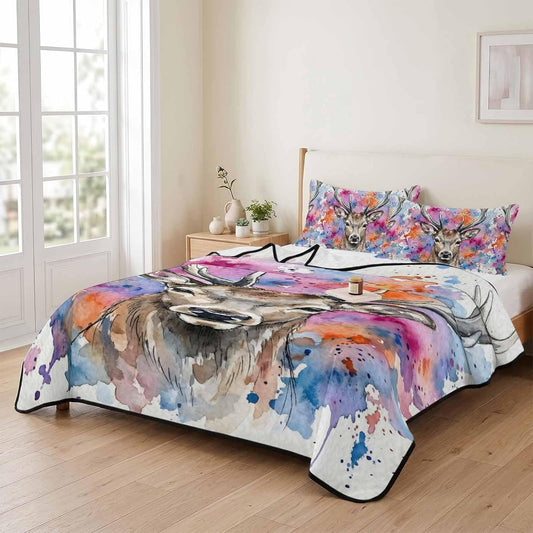 Full Size Quilt Bedding Set, Elk Lightweight Soft Quilts Comforter, Pink Purple Blue Watercolor Splashes Splatter Animal Quilted Bedspread with 2 Pillow Covers for All Season 78" x 90"