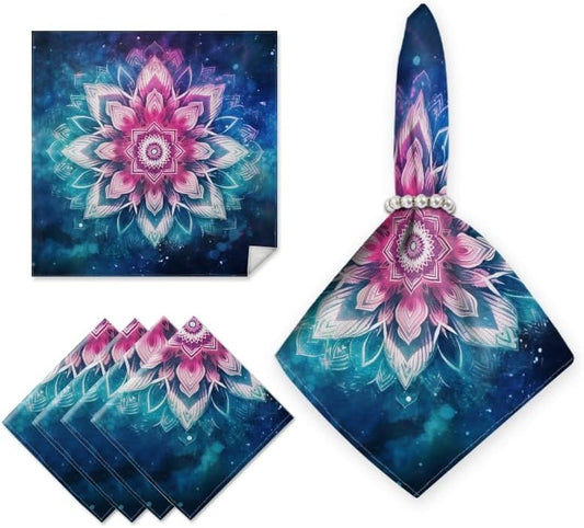 Cloth Napkins 4pcs,Mandala Flower with Pink-Blue Colors Soft Square Washable Reusable Durable Fabric Dining Table Napkin for Weddings Party,Birthday Party,Dinner Decor,19x19Inch