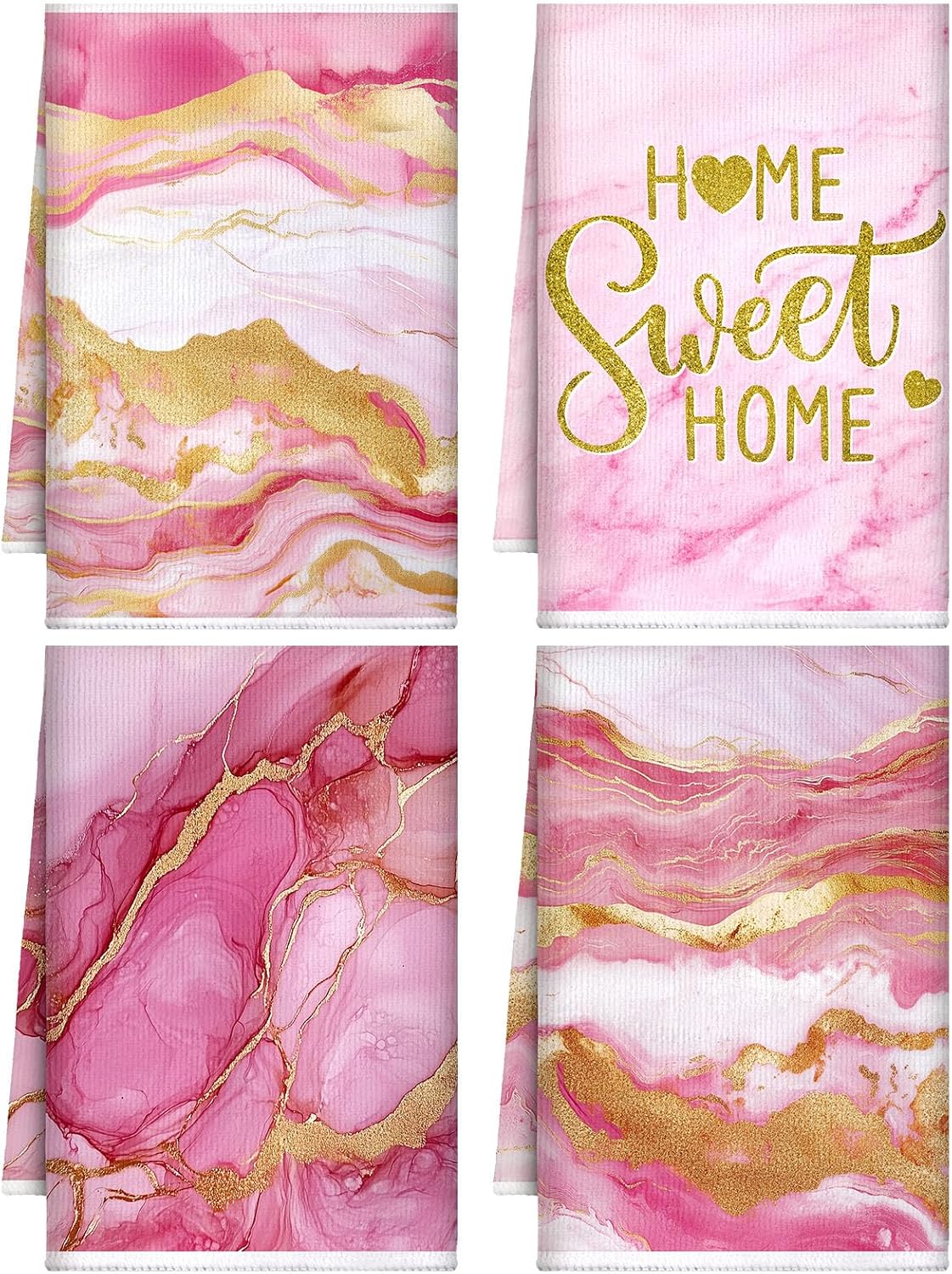 4 Pcs Pink and Gold Kitchen Dish Towels Marble Bathroom Hand Towels