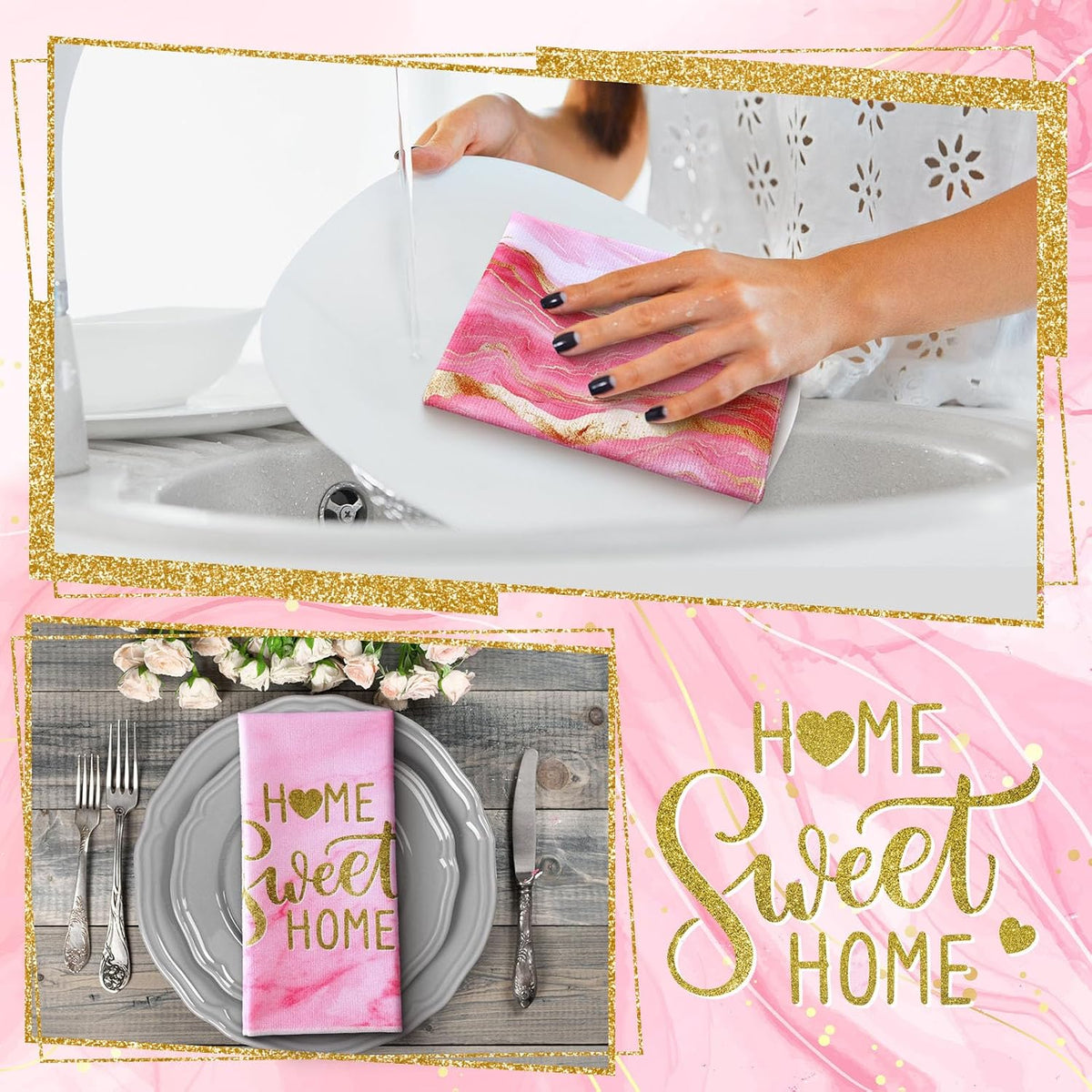 4 Pcs Pink and Gold Kitchen Dish Towels Marble Bathroom Hand Towels