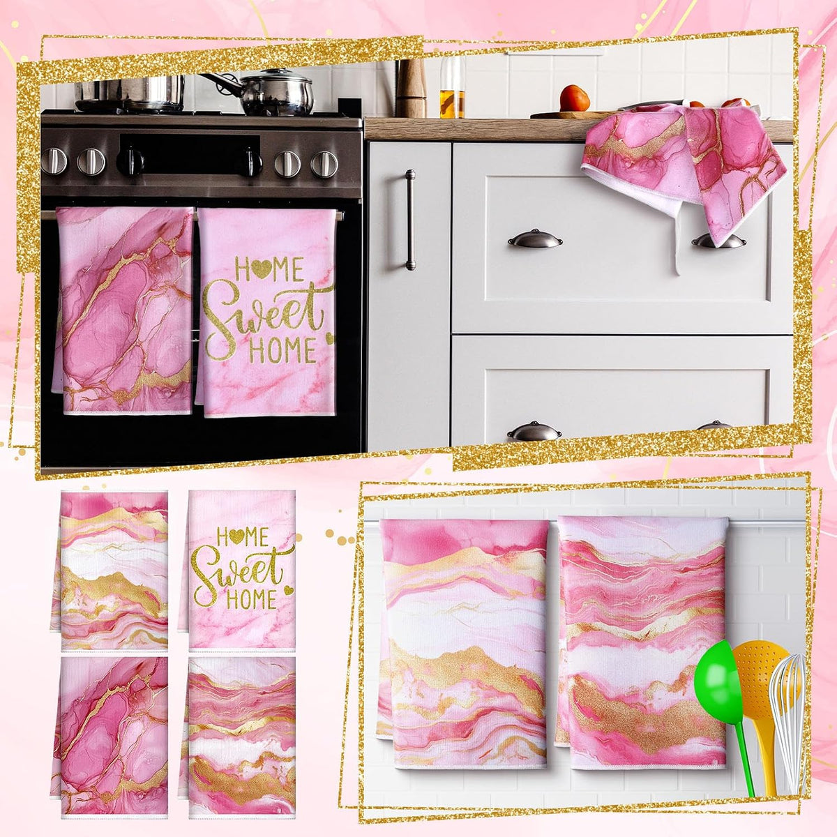 4 Pcs Pink and Gold Kitchen Dish Towels Marble Bathroom Hand Towels