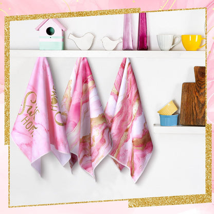 4 Pcs Pink and Gold Kitchen Dish Towels Marble Bathroom Hand Towels