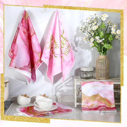4 Pcs Pink and Gold Kitchen Dish Towels Marble Bathroom Hand Towels
