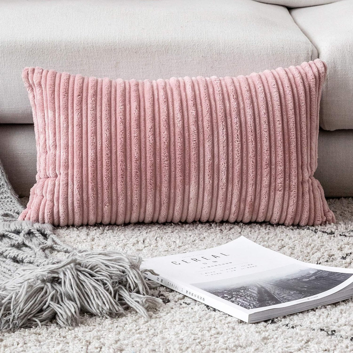 Velvet Pillow Covers Soft Striped Decorative Throw Cushion Case with Hidden Zipper for Valentine's Day Couch/Bedroom/Sofa, Cozy Solid Oblong Lumbar Pillowcase 1 Piece 12"x20", Baby Pink