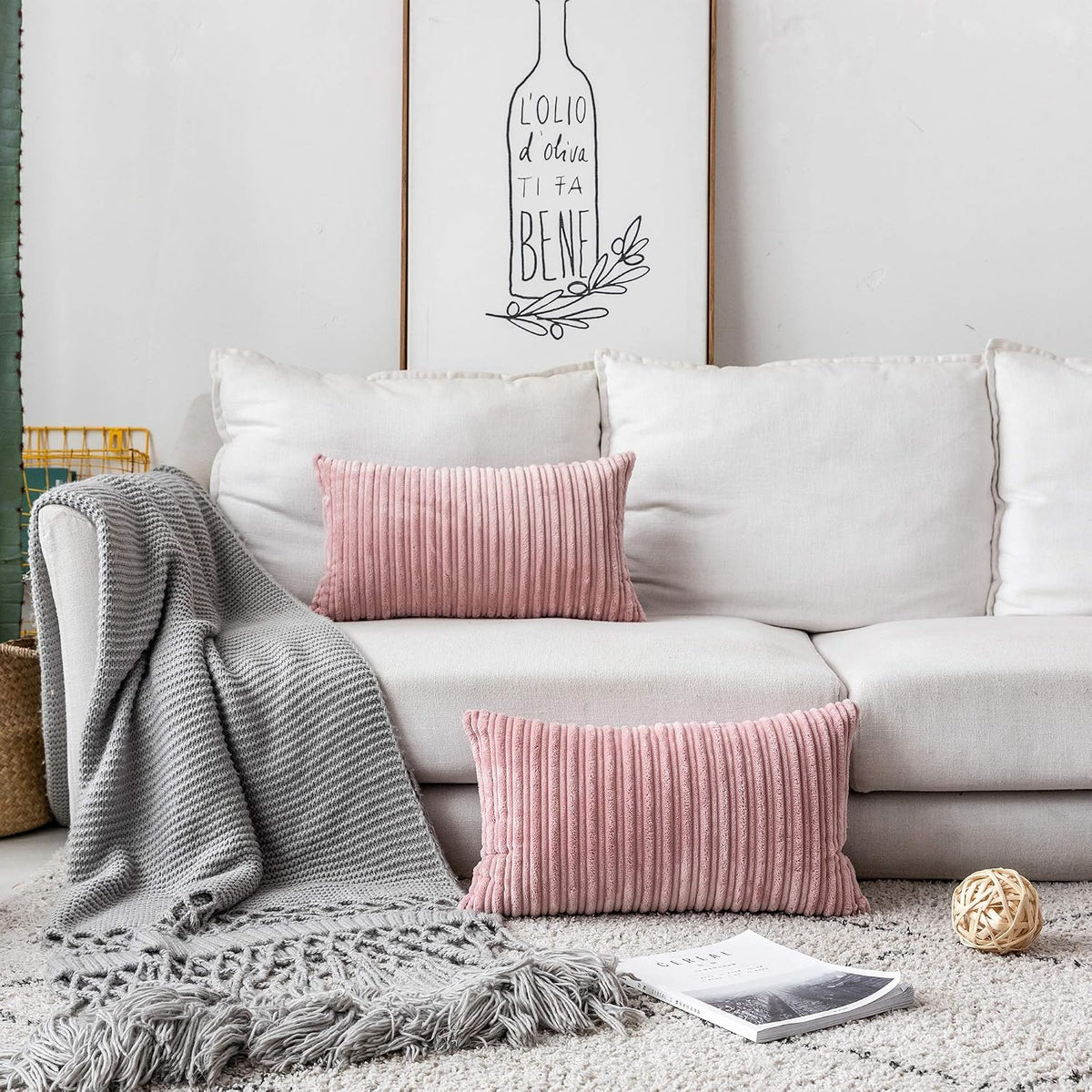 Velvet Pillow Covers Soft Striped Decorative Throw Cushion Case with Hidden Zipper for Valentine's Day Couch/Bedroom/Sofa, Cozy Solid Oblong Lumbar Pillowcase 1 Piece 12"x20", Baby Pink