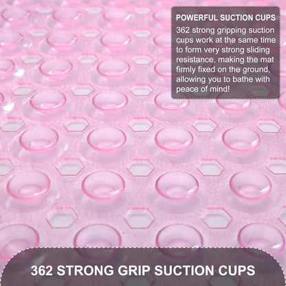 Bath Tub and Shower Mats, Non Slip 40 x 16 Inch Extra Large Bathtub Mat, Machine Washable Bathmat with Drain Holes, Suction Cups for Bathroom Floor, Clear Pink