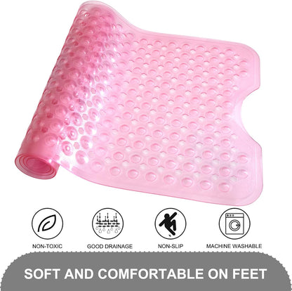 Bath Tub and Shower Mats, Non Slip 40 x 16 Inch Extra Large Bathtub Mat, Machine Washable Bathmat with Drain Holes, Suction Cups for Bathroom Floor, Clear Pink