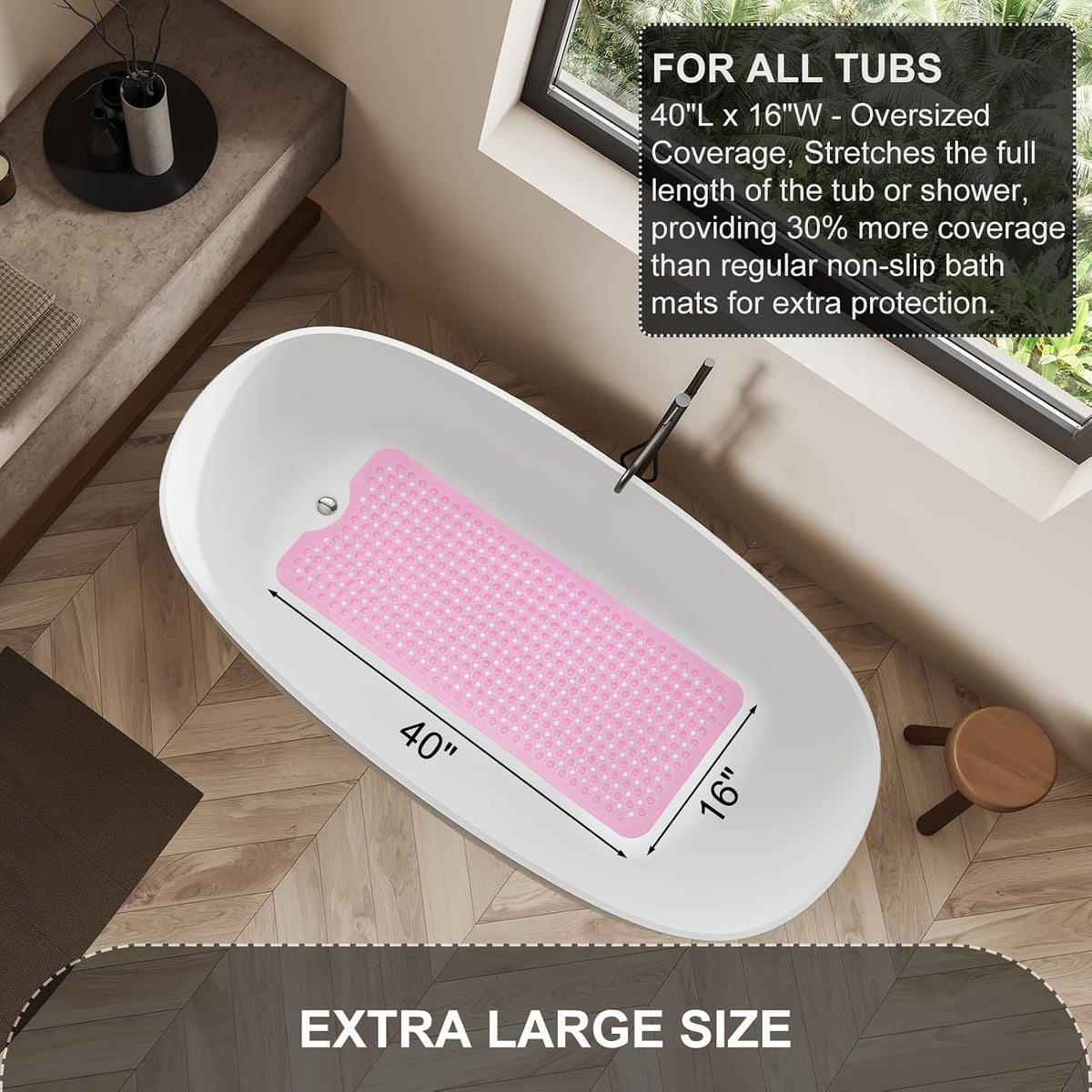 Bath Tub and Shower Mats, Non Slip 40 x 16 Inch Extra Large Bathtub Mat, Machine Washable Bathmat with Drain Holes, Suction Cups for Bathroom Floor, Clear Pink