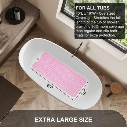 Bath Tub and Shower Mats, Non Slip 40 x 16 Inch Extra Large Bathtub Mat, Machine Washable Bathmat with Drain Holes, Suction Cups for Bathroom Floor, Clear Pink