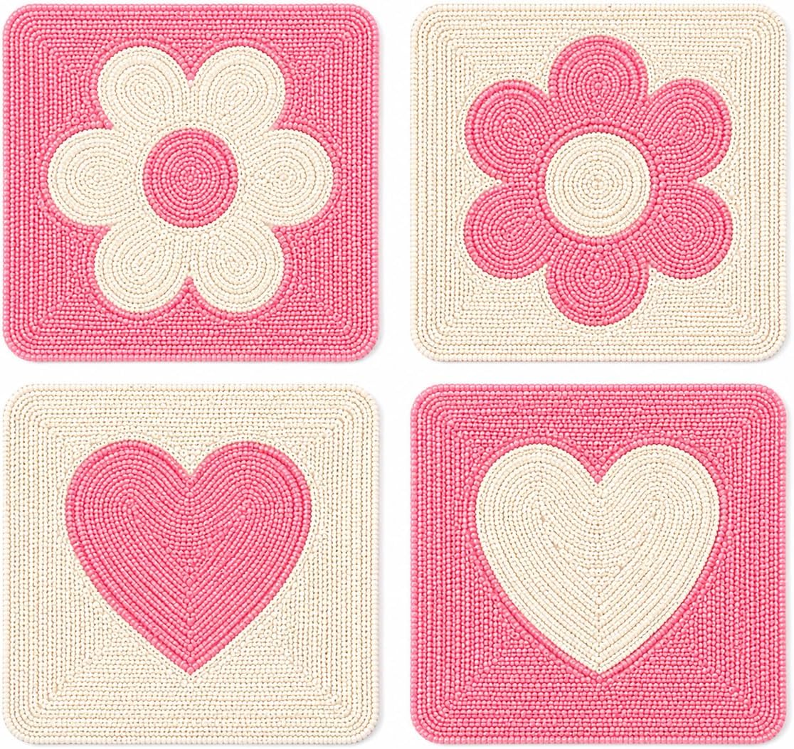 Handmade Beaded Coasters Set of 4, Handmade Boho Coasters for Drinks, Coffee Table Coasters, Cup & Drink Coasters, Pink Coaster Set, Pink Decor for Table, Gift for Her, Housewarming Gift Idea