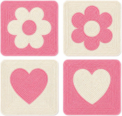 Handmade Beaded Coasters Set of 4, Handmade Boho Coasters for Drinks, Coffee Table Coasters, Cup & Drink Coasters, Pink Coaster Set, Pink Decor for Table, Gift for Her, Housewarming Gift Idea