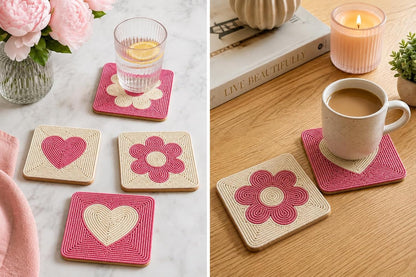 Handmade Beaded Coasters Set of 4, Handmade Boho Coasters for Drinks, Coffee Table Coasters, Cup & Drink Coasters, Pink Coaster Set, Pink Decor for Table, Gift for Her, Housewarming Gift Idea