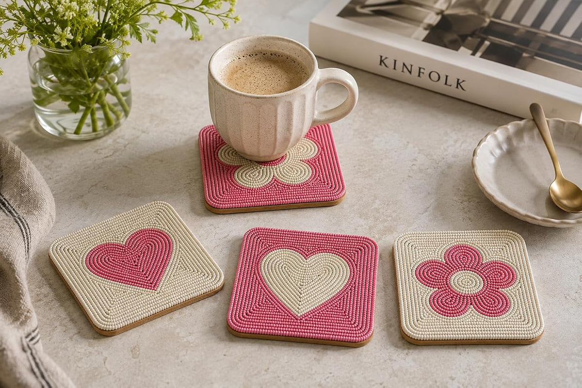 Handmade Beaded Coasters Set of 4, Handmade Boho Coasters for Drinks, Coffee Table Coasters, Cup & Drink Coasters, Pink Coaster Set, Pink Decor for Table, Gift for Her, Housewarming Gift Idea
