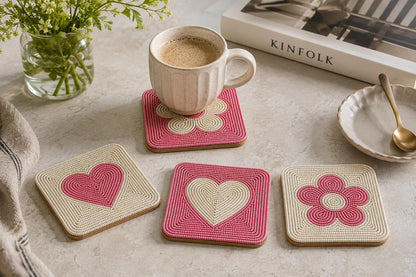 Handmade Beaded Coasters Set of 4, Handmade Boho Coasters for Drinks, Coffee Table Coasters, Cup & Drink Coasters, Pink Coaster Set, Pink Decor for Table, Gift for Her, Housewarming Gift Idea