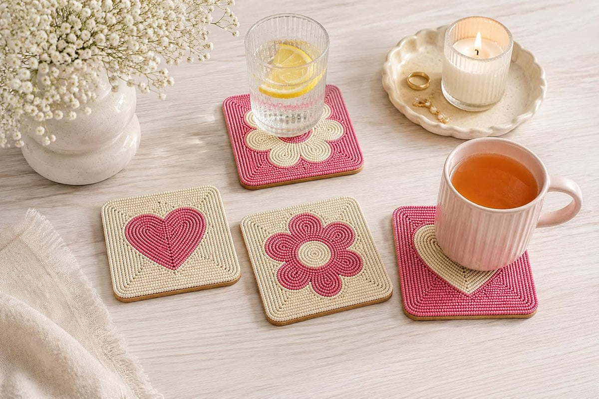 Handmade Beaded Coasters Set of 4, Handmade Boho Coasters for Drinks, Coffee Table Coasters, Cup & Drink Coasters, Pink Coaster Set, Pink Decor for Table, Gift for Her, Housewarming Gift Idea