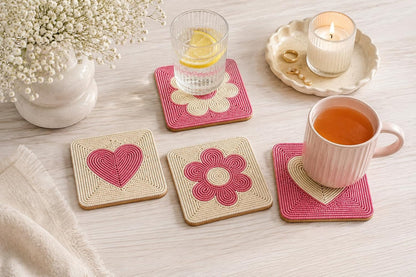 Handmade Beaded Coasters Set of 4, Handmade Boho Coasters for Drinks, Coffee Table Coasters, Cup & Drink Coasters, Pink Coaster Set, Pink Decor for Table, Gift for Her, Housewarming Gift Idea