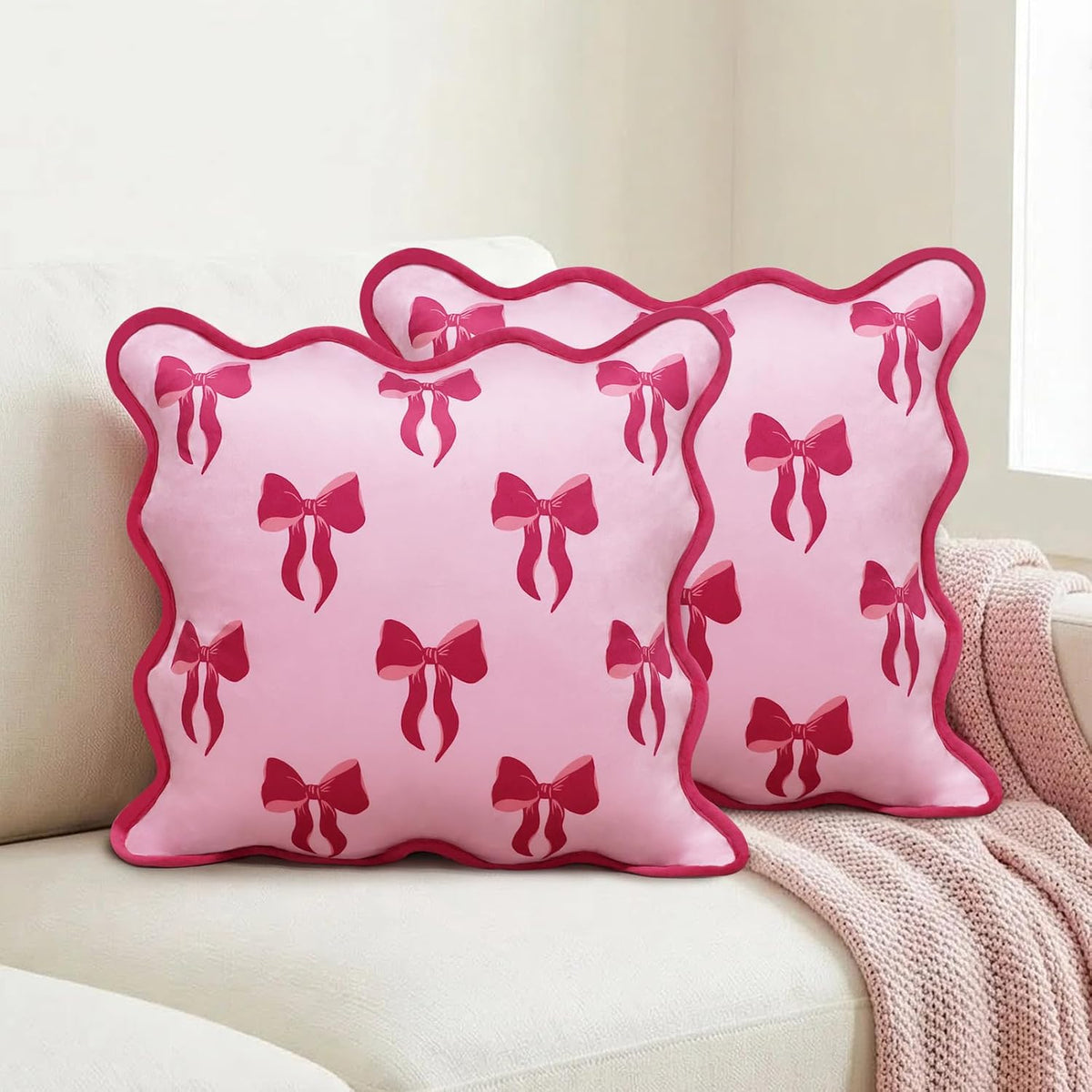 Pack of 2 18x18 Inch Pink Bow Pillow Covers with Scalloped Edge