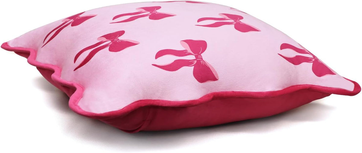 Pack of 2 18x18 Inch Pink Bow Pillow Covers with Scalloped Edge
