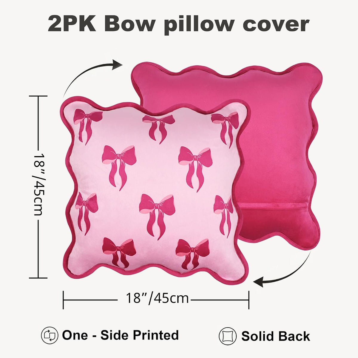 Pack of 2 18x18 Inch Pink Bow Pillow Covers with Scalloped Edge