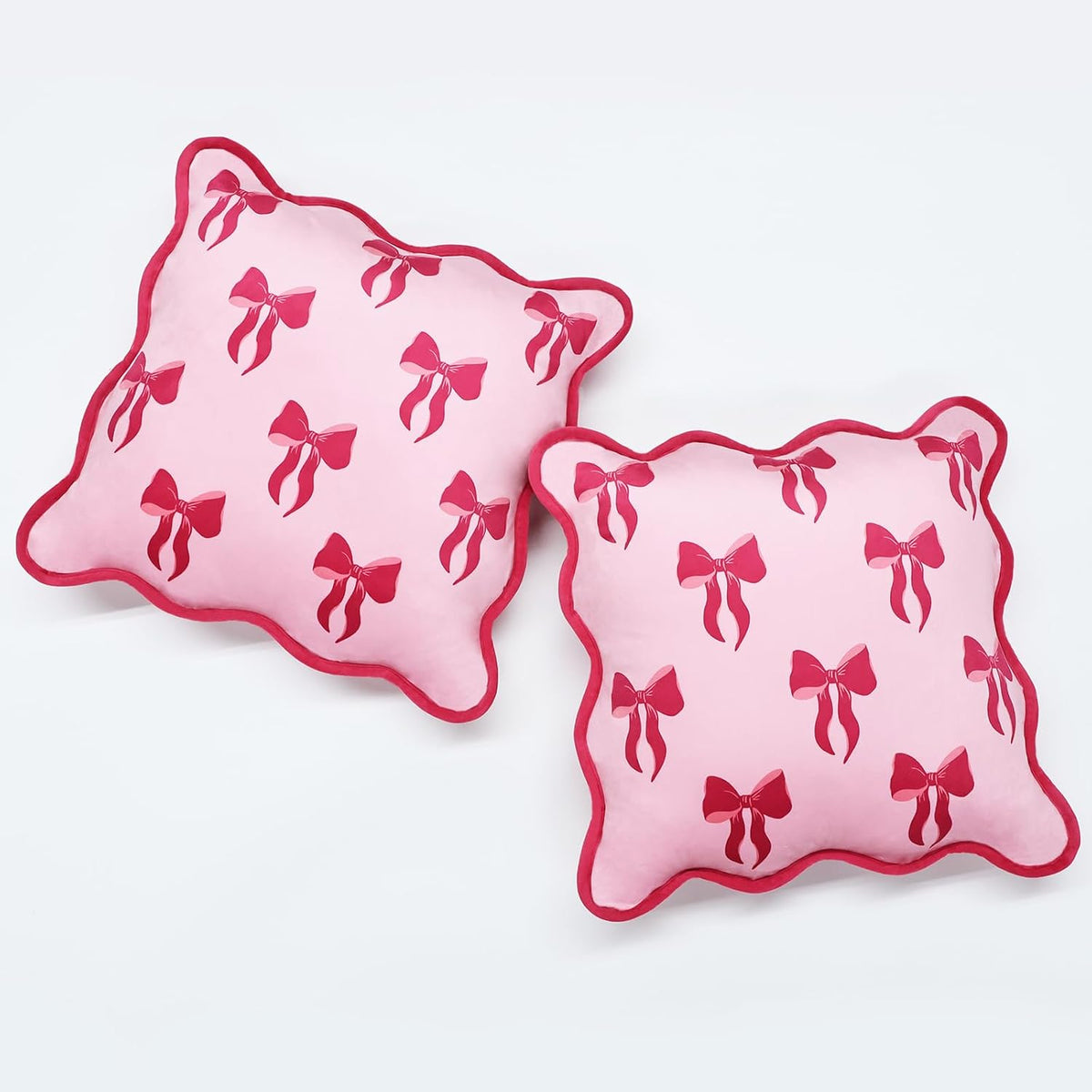 Pack of 2 18x18 Inch Pink Bow Pillow Covers with Scalloped Edge